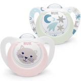 Ciuccio per bambini NUK Star Night & Day 0-6 mesi che si illumina al buio, in silicone rosa, senza BPA, confezione da 2