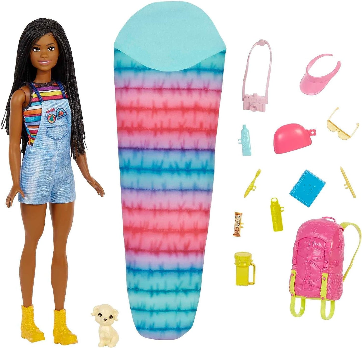 Barbie HDF74 Confezione doppia bambola! Brooklyn Camping Doll (Bruna con trecce intrecciate, circa 29 cm) con cucciolo, zaino, sacco a pelo, 10 accessori da campeggio, regalo per bambini dai 3 anni in su