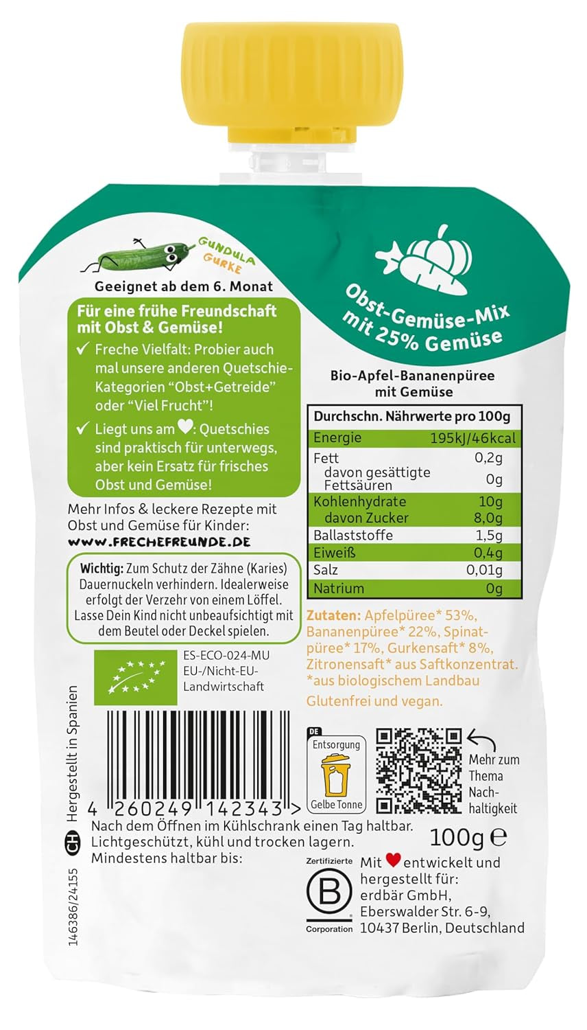 FRECHE FREUNDE busta di frutta spremibile biologica con mele, banane, spinaci e cetrioli, purea di frutta e verdura in busta spremibile per bambini a partire da 6 mesi, vegana, confezione da 6 (6 x 100 g)