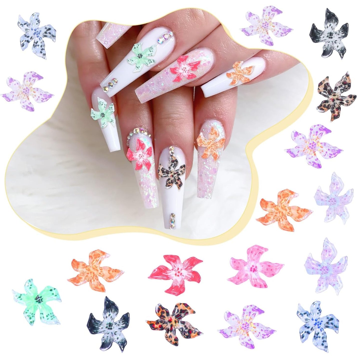 50 pz 3D Blumen Nägel Nail Charms Bunt Gelee Weich Kleber Lilie Flower Blume Nagel Hibiscus Zubehör Nageldesign Eis Kristall Geprägt Farbverlauf Lilien Für Mädchen Frauen Diy Basteldekoration