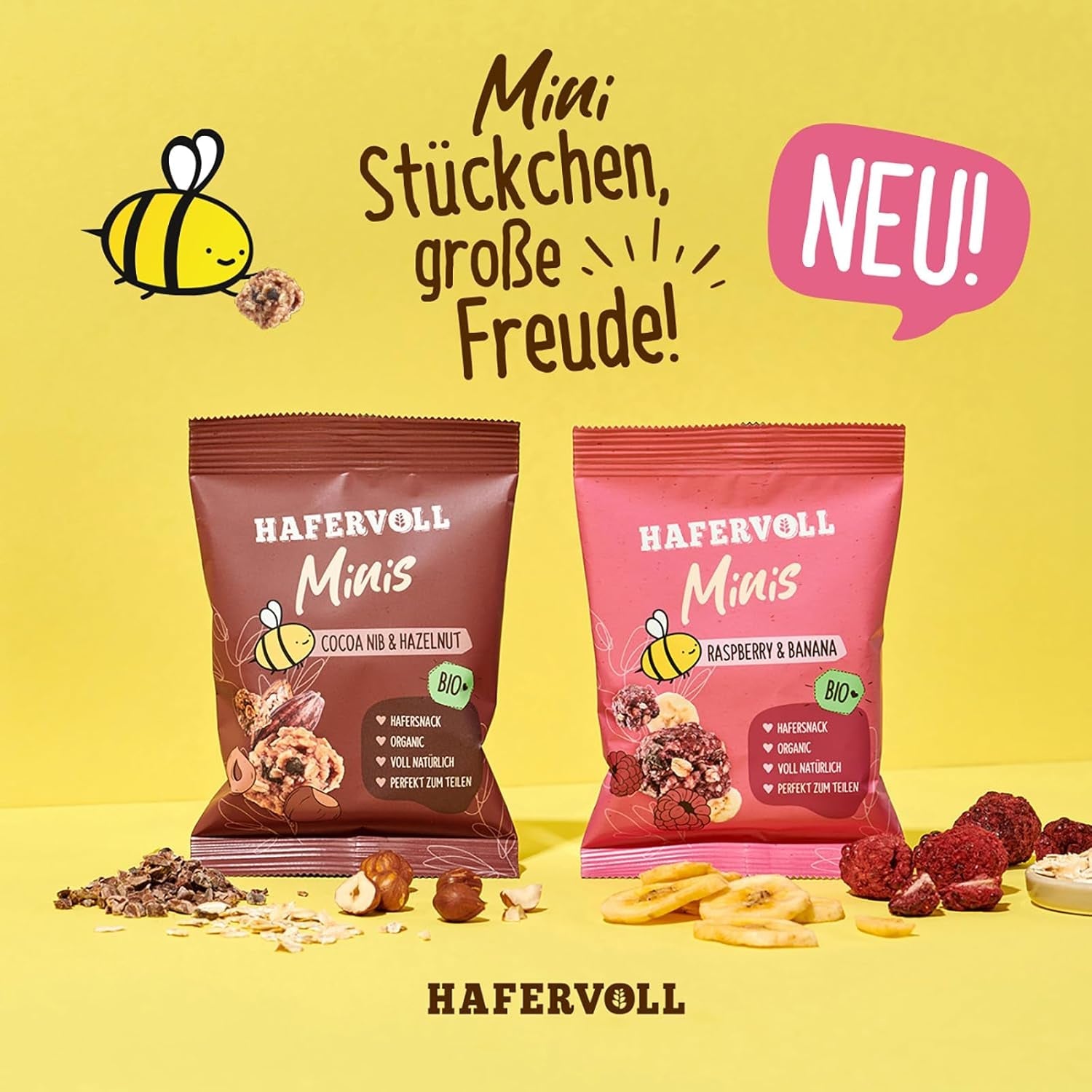 HAFERVOLL Minis Colza e Banana 8x 65g - Certificato biologico, con miele, senza zuccheri aggiunti, perfetto da condividere