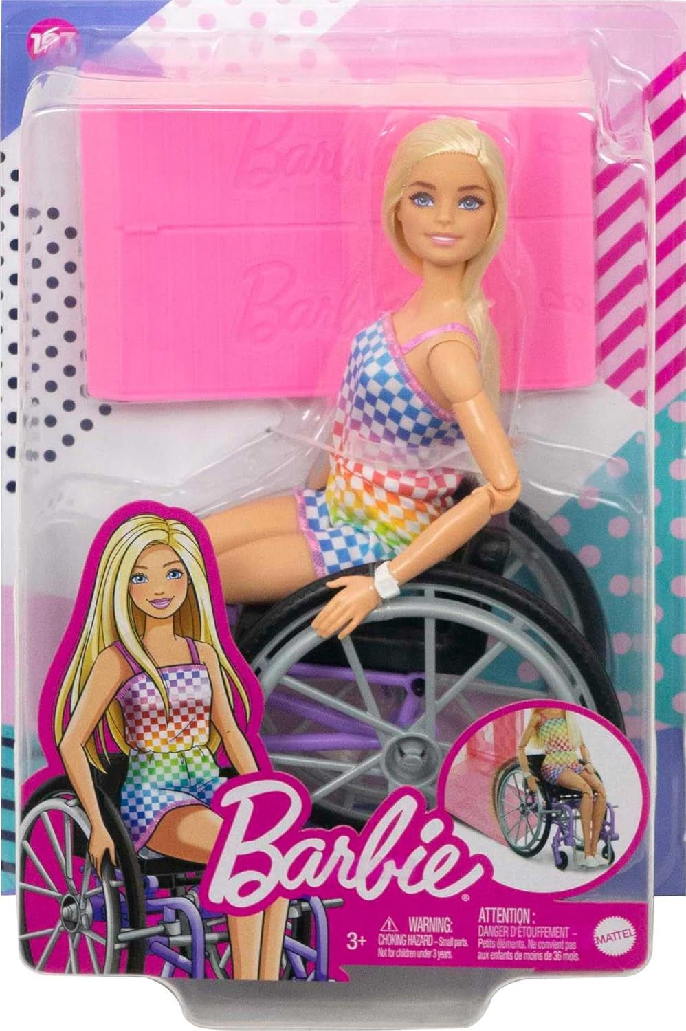 Bambola Barbie Fashionista, capelli biondi e tuta arcobaleno, sedia a rotelle e rampa incluse, bambola regalo per bambini, giocattolo per bambini dai 3 anni in su, HJT13