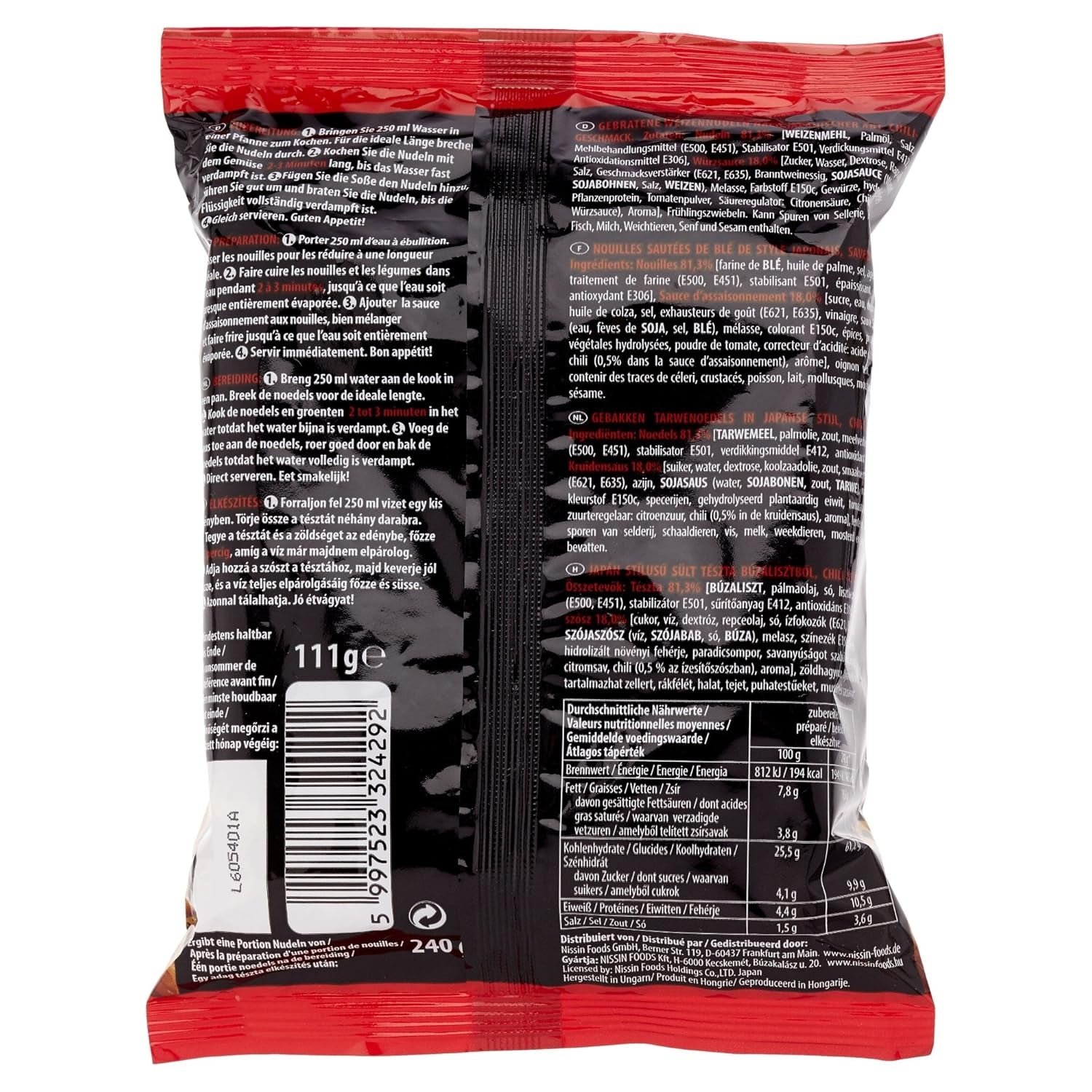 Tagliatelle di grano Nissin fritte al gusto di peperoncino, 111 g