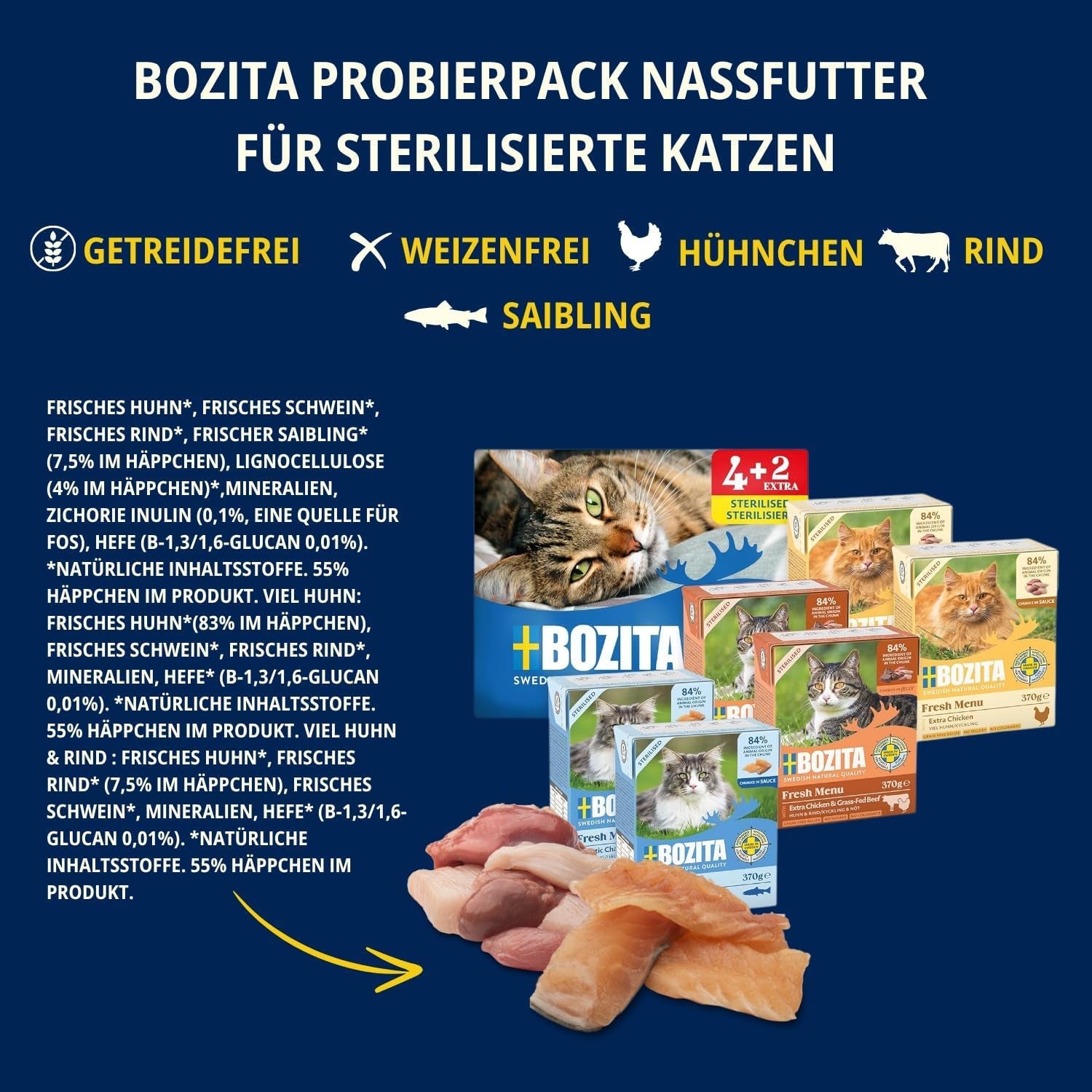 Confezione prova Bozita Tetra in salsa con tanto pollo, carbone e tanto pollo e manzo in gelatina - 4+2-6x370g Alimento senza cereali e senza zucchero per gatti sterilizzati con 7,5% di proteine ​​e 5% di grassi