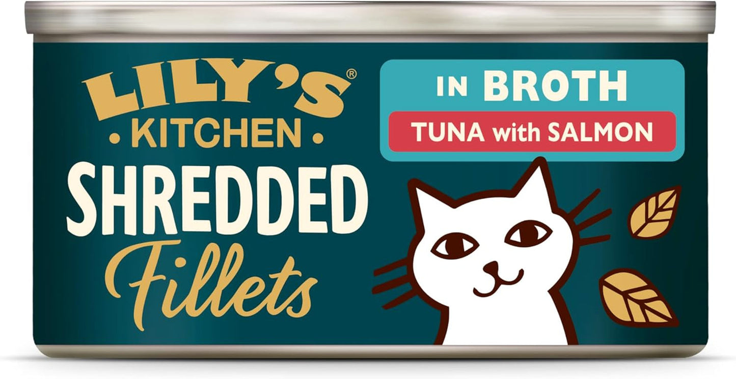 Filetti tritati in brodo con tonno e salmone, preparati con ingredienti naturali, Lily's Kitchen, alimento umido per gatti adulti, scatola da 70g