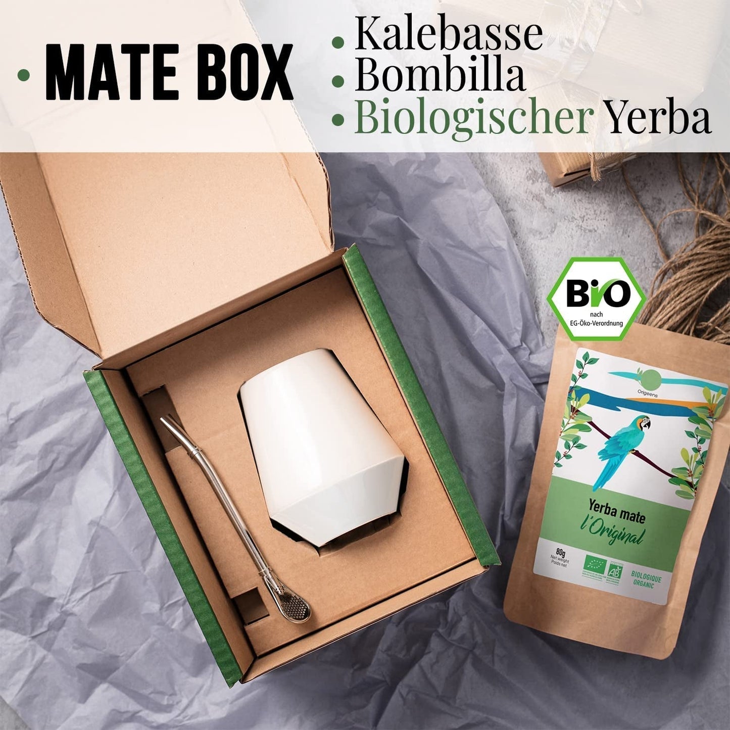 SET DA TÈ ORIGEENS MATE Con ​​tazza mate portoghese, bombilla e tè Yerba Mate BIO - Set regalo originale