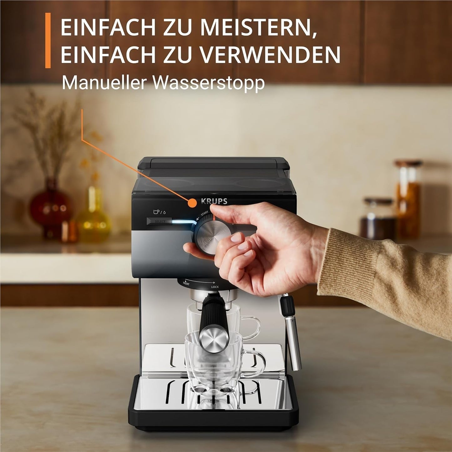 Macchina per caffè espresso KRUPS Authentic+, 15 bar, funzionamento intuitivo, design sofisticato, ugello vapore, accessori estesi inclusi, Bullet Dark silver/Stainless steel, XP384G10