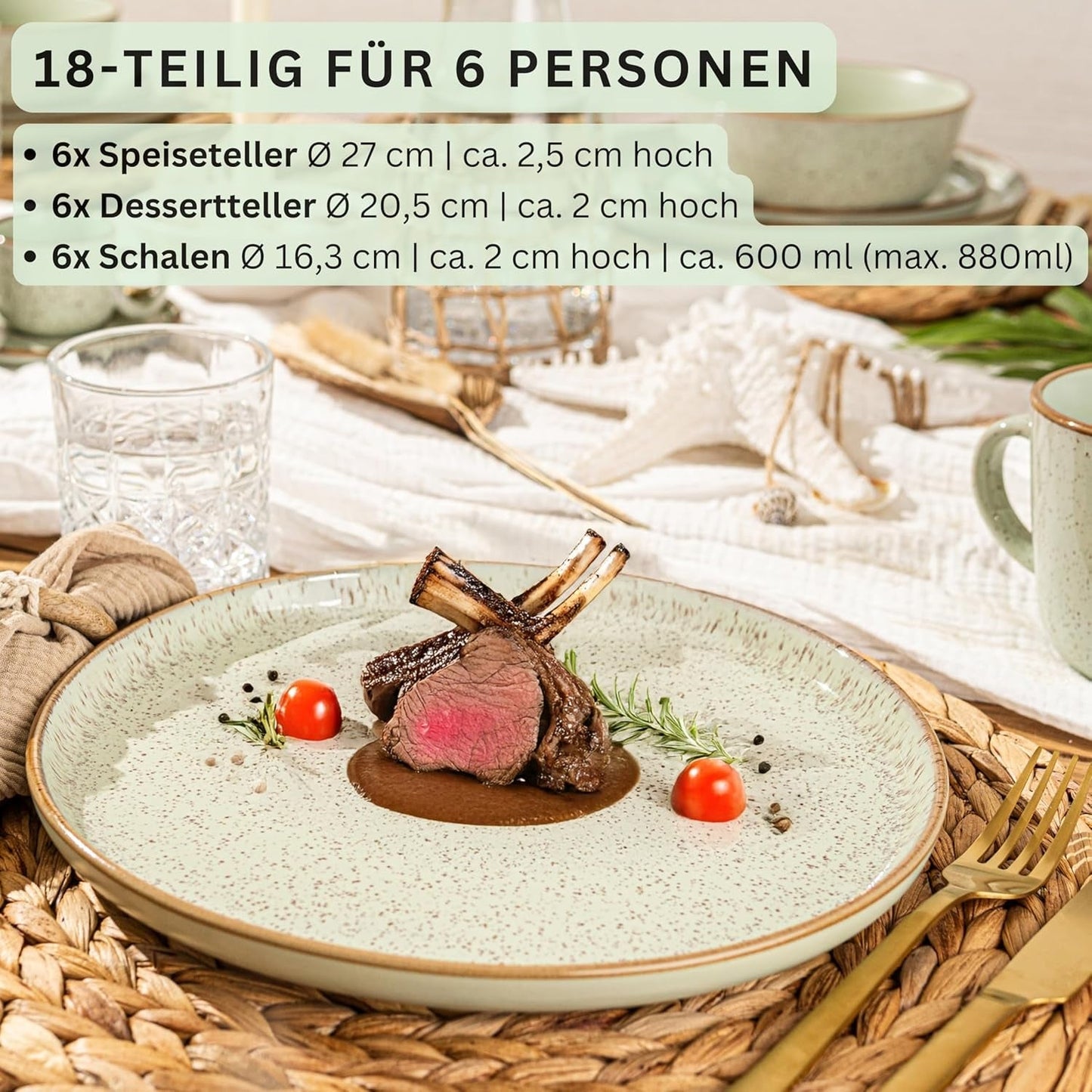 SÄNGER Rio Menta | Set di Stoviglie in Gres per 6, 6 Piatti, 6 Piatti da Dessert, 6 Ciotole, Verde Menta | LA COLLEZIONE DI VALORE