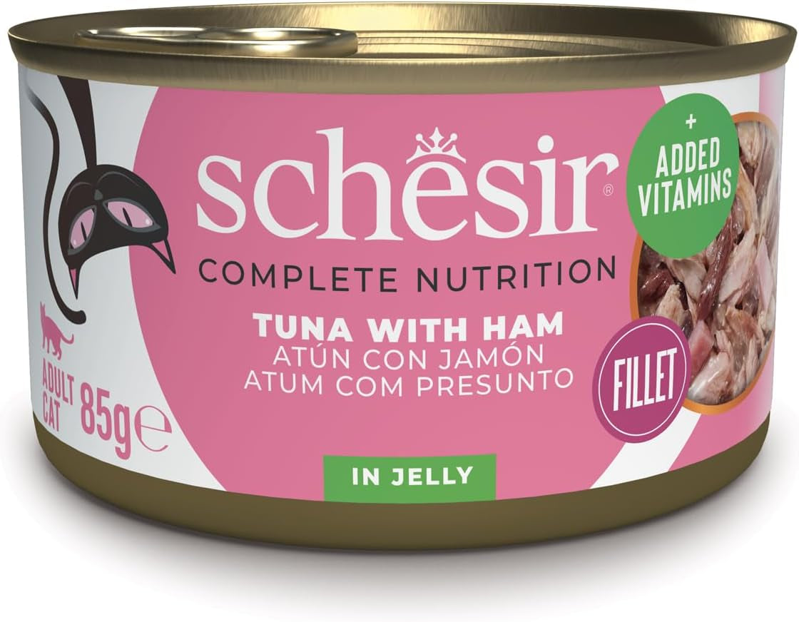 Tonno con prosciutto in gelatina, cibo umido per gatti, in scatola, 100% naturale, con aggiunta di vitamine, 12 x 85g