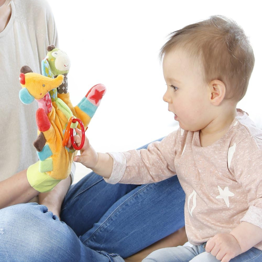 Fehn guanto da gioco safari - pupazzi da dito scimmia ed elefante e calzini a campana unicorno - calzini per bambini con funzione campana e testa di unicorno - stimolano le capacità motorie e i sensi Bebe Toys Naty Shop