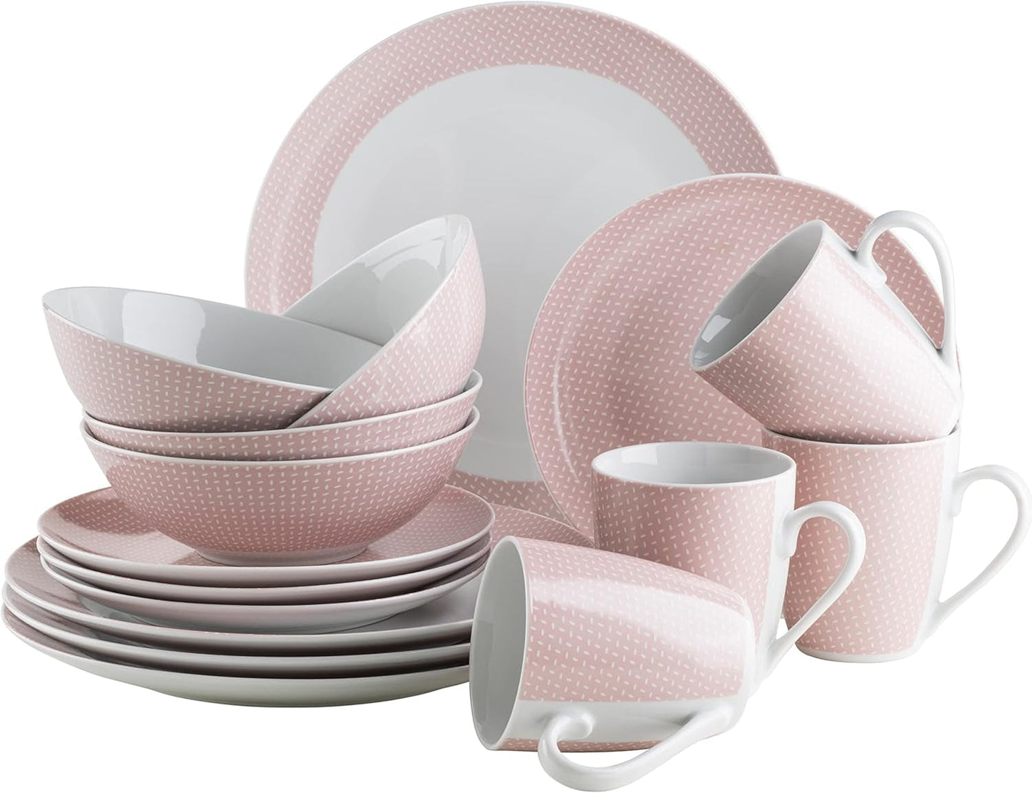 MÄSER Kitchen Time II, Servizio da tavola per 4, Servizio combinato con 16 pezzi in colori pastello con motivo discreto, Porcellana, Rosa