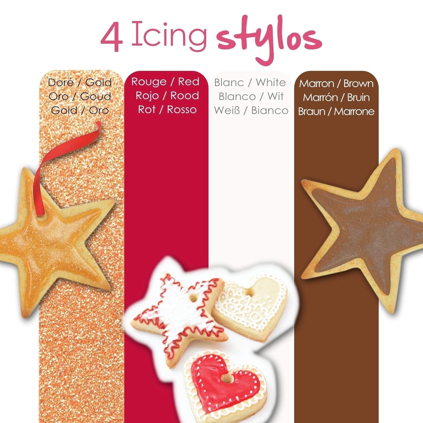 Scrapcooking - Pennarelli 4 pezzi: oro, cioccolato, bianco e rosso - penne commestibili decorative per scrivere e disegnare su dolci, torte e biscotti