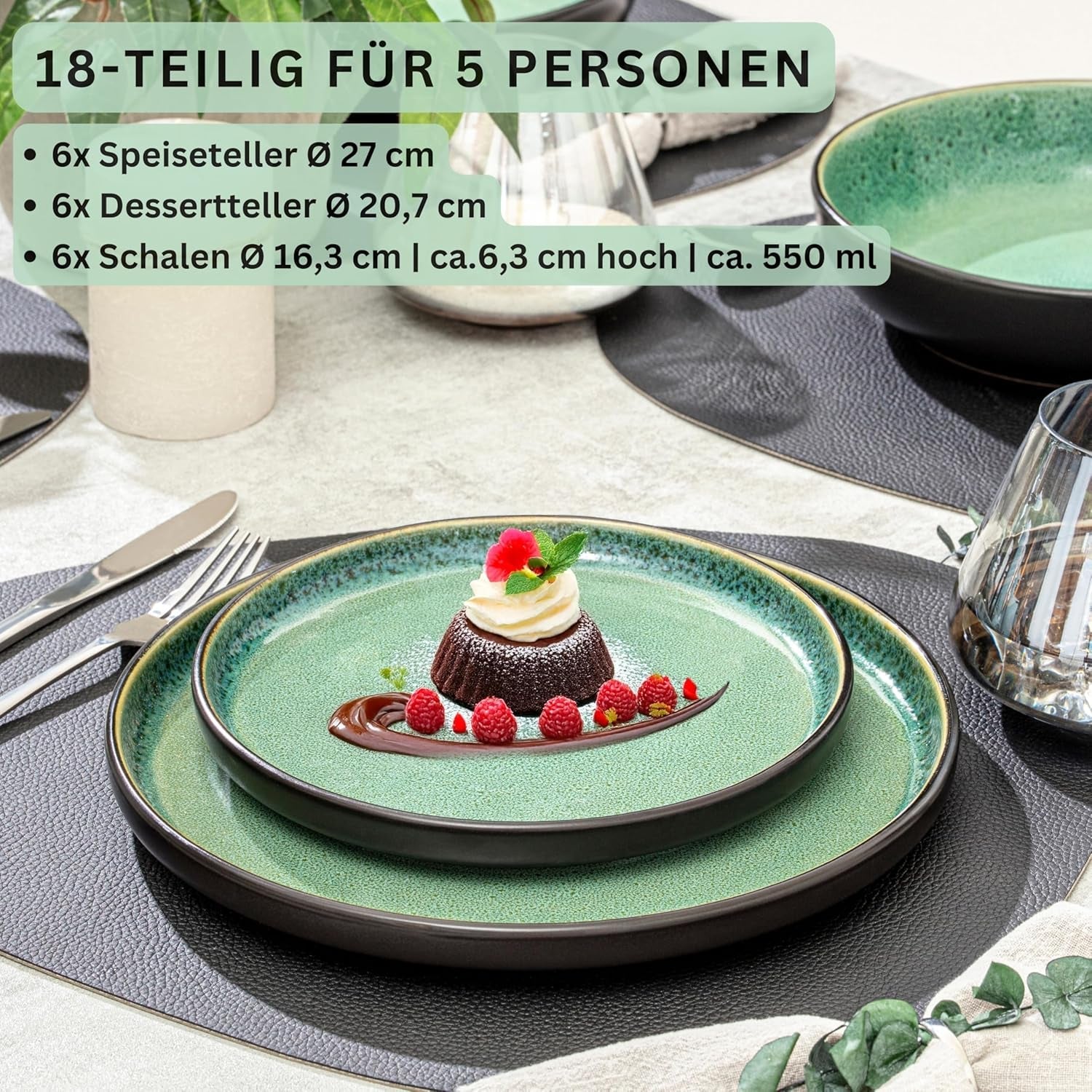 SÄNGER Greenwich | Servizio Piatti In Gres, 18 Pezzi, Servizio Piatti Per 6, Servizio Piatti (6 Piatti Piani, 6 Piatti Dessert, 6 Ciotole), Verde, Antigraffio, Stoviglie | LA COLLEZIONE DI VALORE