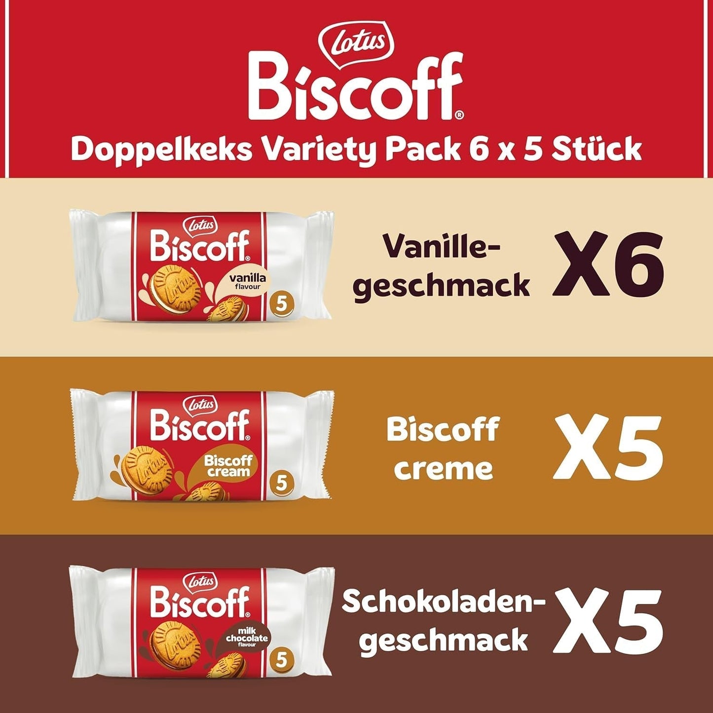 Loto Biscoff | Confezione varietà di biscotti doppi | 3 Varietà: Crema Biscoff, Gusto Vaniglia e Cioccolato | 5 biscotti doppi per confezione | Ingredienti di origine naturale | Senza coloranti | 16 x 50 g | 800 g