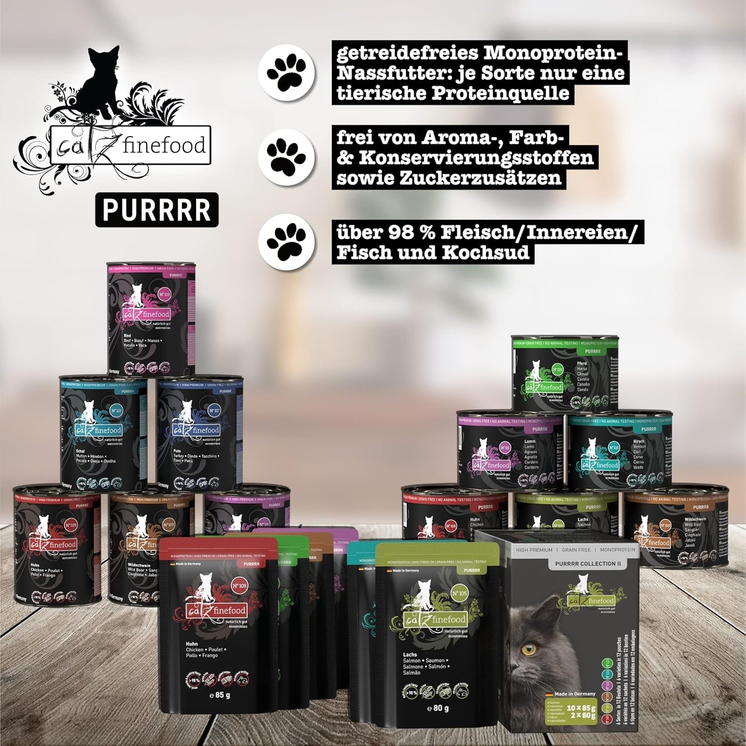 Catz Finefood Purrrr Collection I - Cibo umido per gatti monoproteico - Senza cereali, senza zucchero, ipoallergenico - Alto contenuto di carne - Confezione multipla di cibo umido per gatti - In bustine, 85 g (12 confezioni)