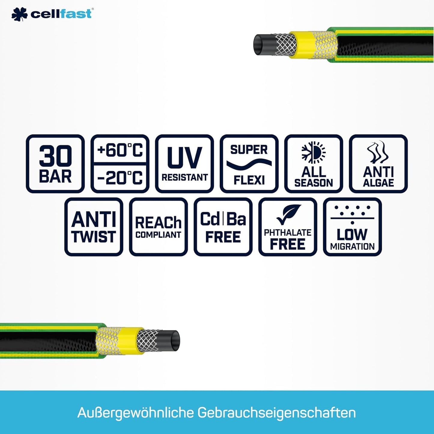 Tubo da giardino CELLFAST Tubo dell'acqua a 5 strati Tubo per irrigazione transfrontaliero a doppia treccia Resistente ai raggi UV Anti-alghe Flessibile 30 Bar 3,4 pollici 50 metri Verde