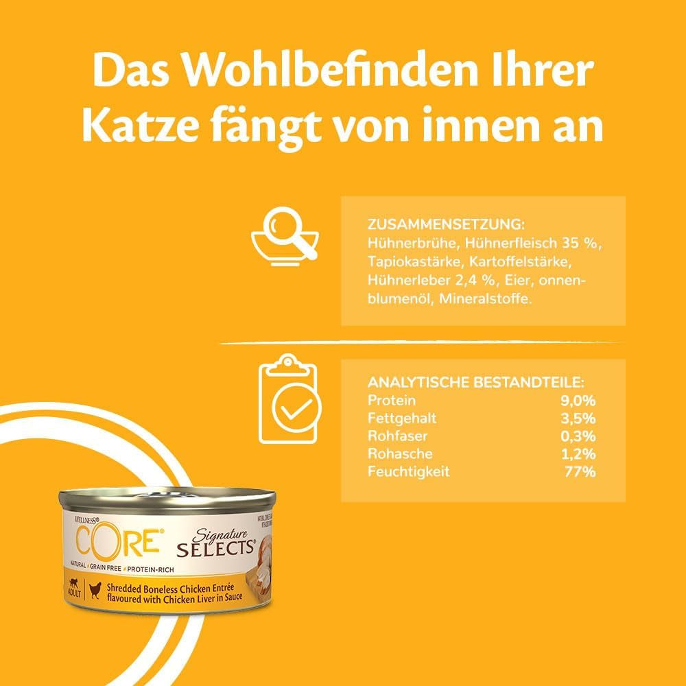 Wellness CORE Signature Selects 8 x 79g, Pollo e Tacchino Mix - Cibo umido per gatti, deliziose strisce in salsa, senza cereali, naturale, ipoallergenico, ricco di proteine, ricco di carne