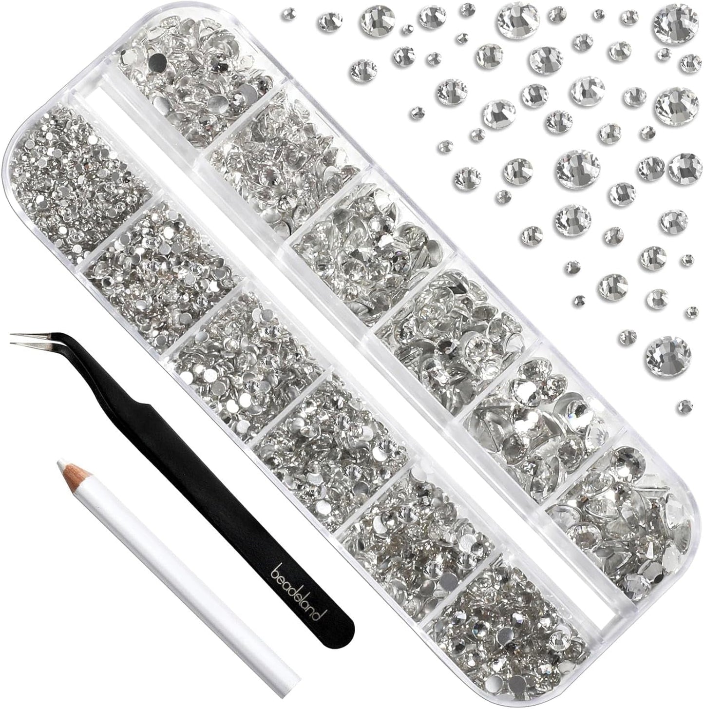 Beadsland 2500 pezzi di vetro per nail art strasssteine ​​​​Kristall Flatback Edelsteine ​​​​Runde, ​​für Handwerk Gemischt 8 Größen SS4 ~ SS30 con picking Pinzette e Stift (Kristall Weiss)