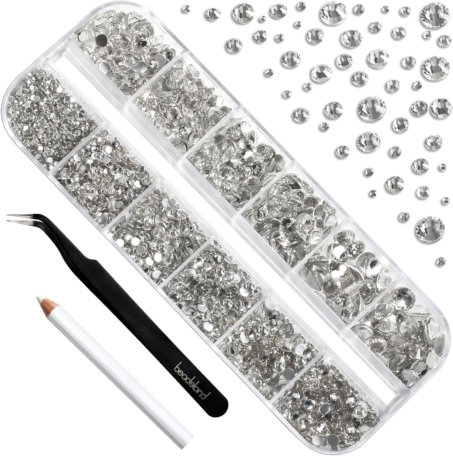 Beadsland 2500 pezzi di vetro per nail art strasssteine ​​​​Kristall Flatback Edelsteine ​​​​Runde, ​​für Handwerk Gemischt 8 Größen SS4 ~ SS30 con picking Pinzette e Stift (Kristall Weiss)