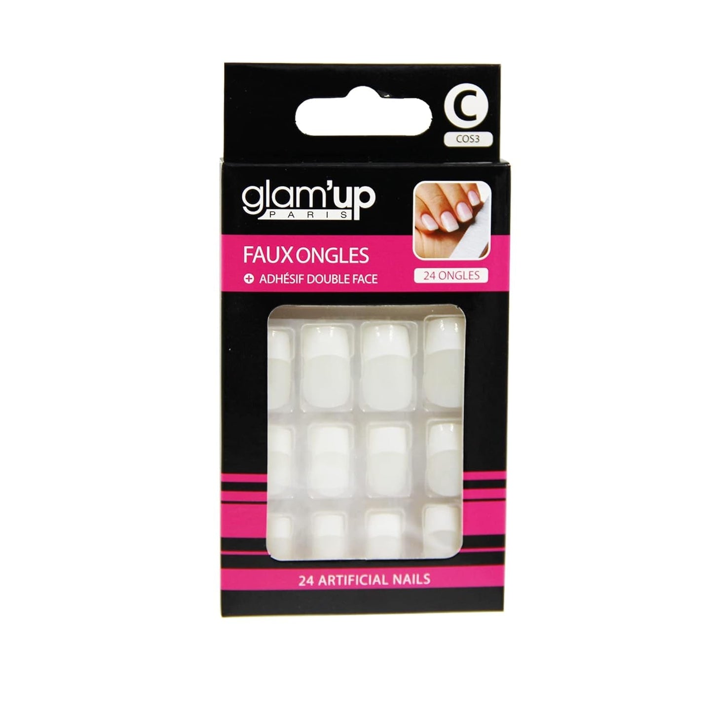 Glam'Up Paris – Unghie Finte – Copertura Totale – Facile da Usare – 24 Unghie Finte per Scatola + Nastro Biadesivo – Forma Quadrata XL – N. 3 – French manicure, Bianco