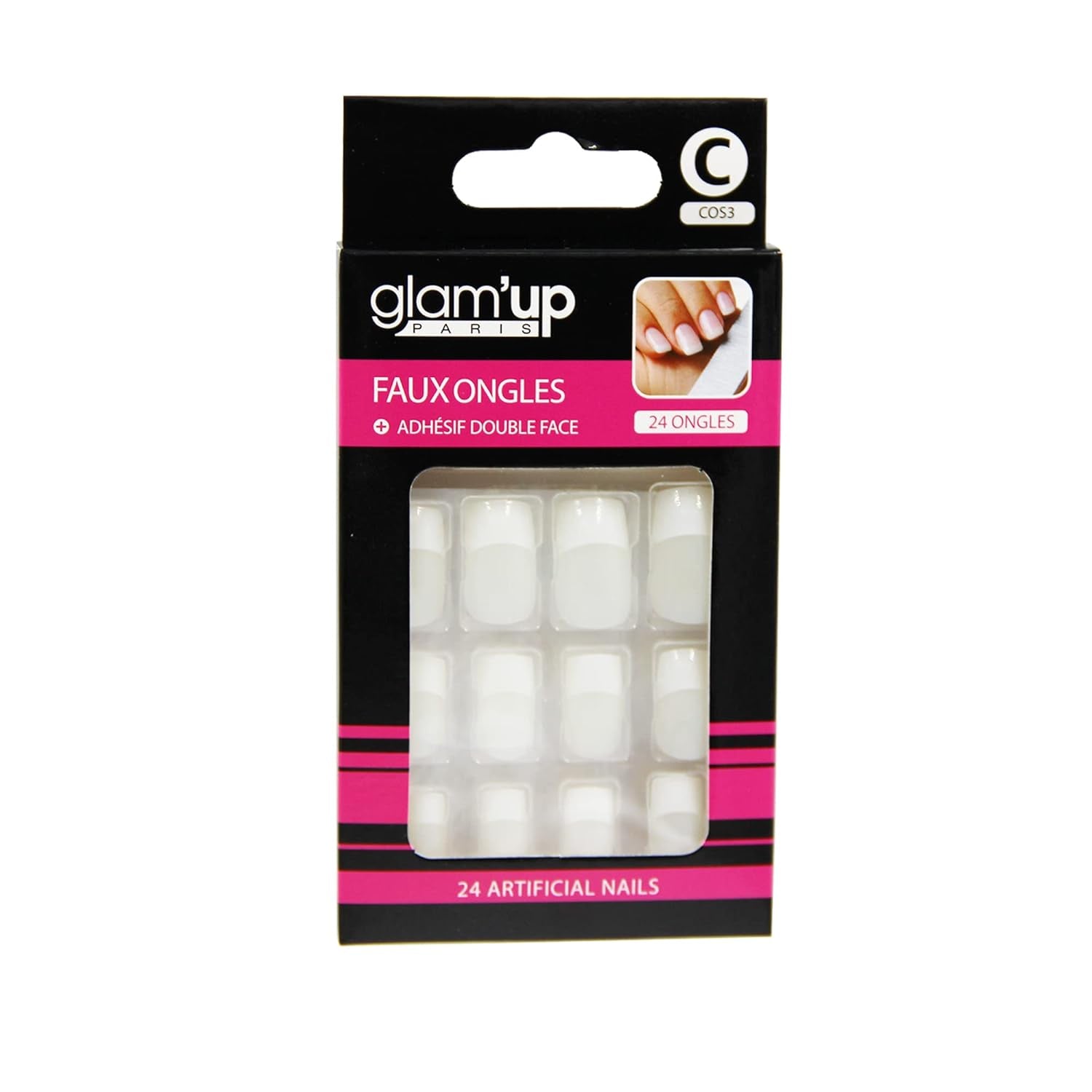 Glam'Up Paris – Unghie Finte – Copertura Totale – Facile da Usare – 24 Unghie Finte per Scatola + Nastro Biadesivo – Forma Quadrata XL – N. 3 – French manicure, Bianco