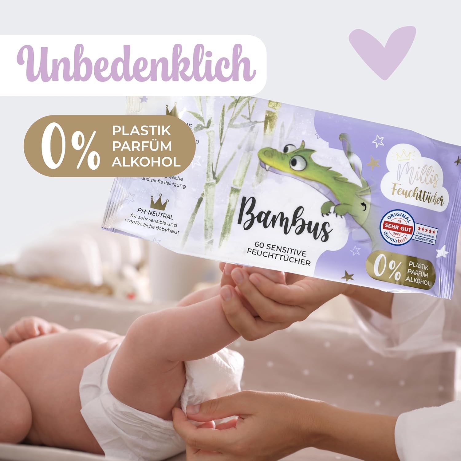 Salviette umidificate Millis Bamboo Baby Sensitive per la pelle delicata del bambino - 5 x 60 pezzi - Pulizia naturale, delicata e sostenibile - Salviette biodegradabili per neonati, senza plastica e senza alcool
