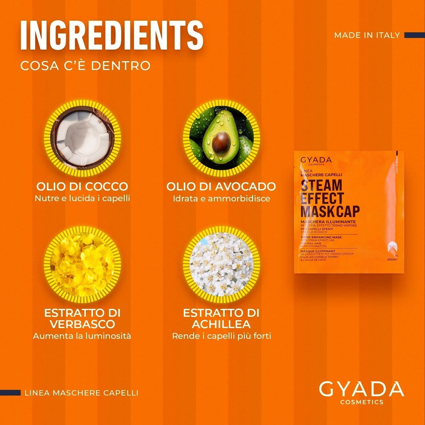 GYADA COSMETICS, maschera per capelli in materiale leggero e rivitalizzante, dona lucentezza e morbidezza, effetto nutriente e riparatore, con cuffia termica, a base di olio di cocco e avocado, maschera per capelli Naty Shop da 60 ml