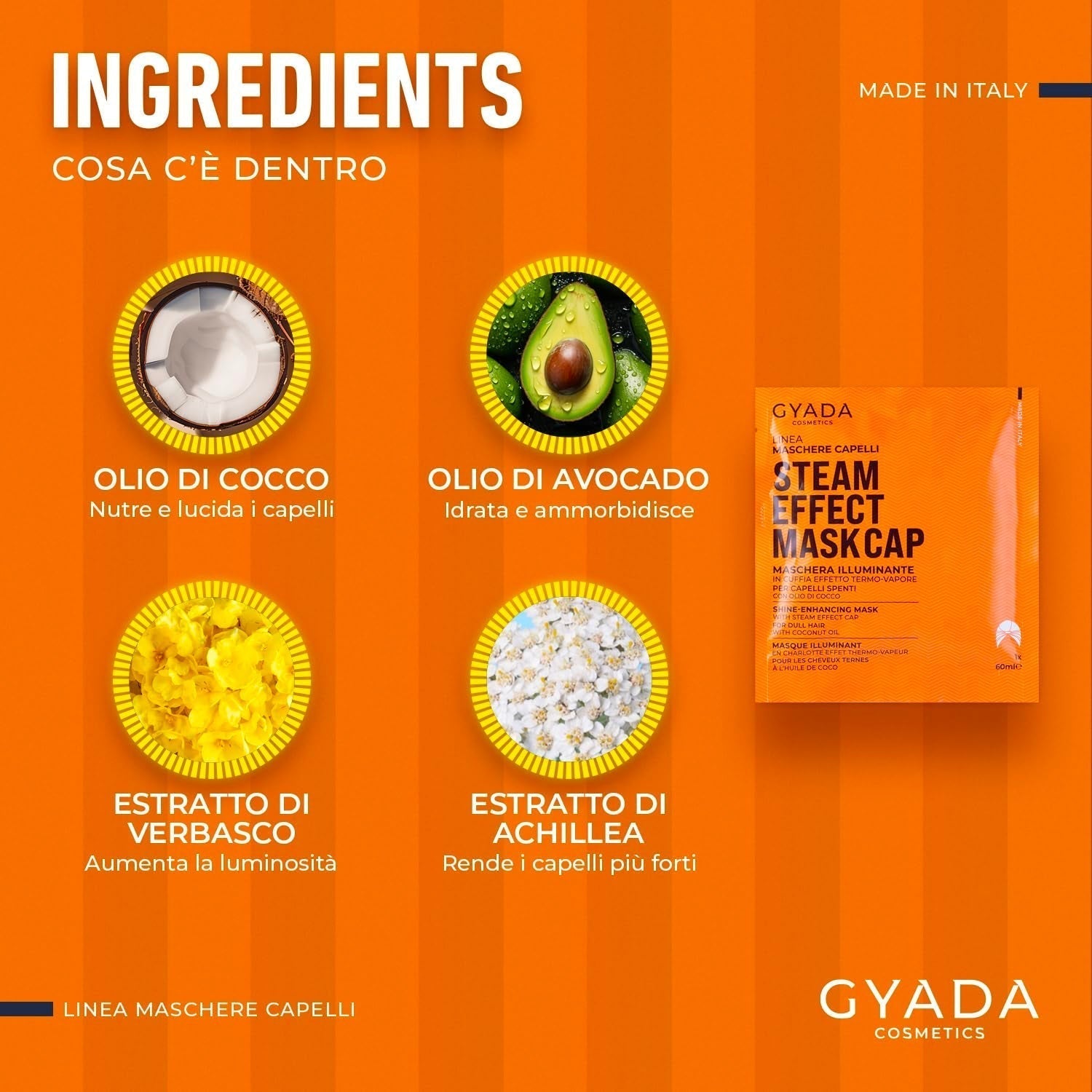 GYADA COSMETICS, maschera per capelli in materiale leggero e rivitalizzante, dona lucentezza e morbidezza, effetto nutriente e riparatore, con cuffia termica, a base di olio di cocco e avocado, maschera per capelli Naty Shop da 60 ml