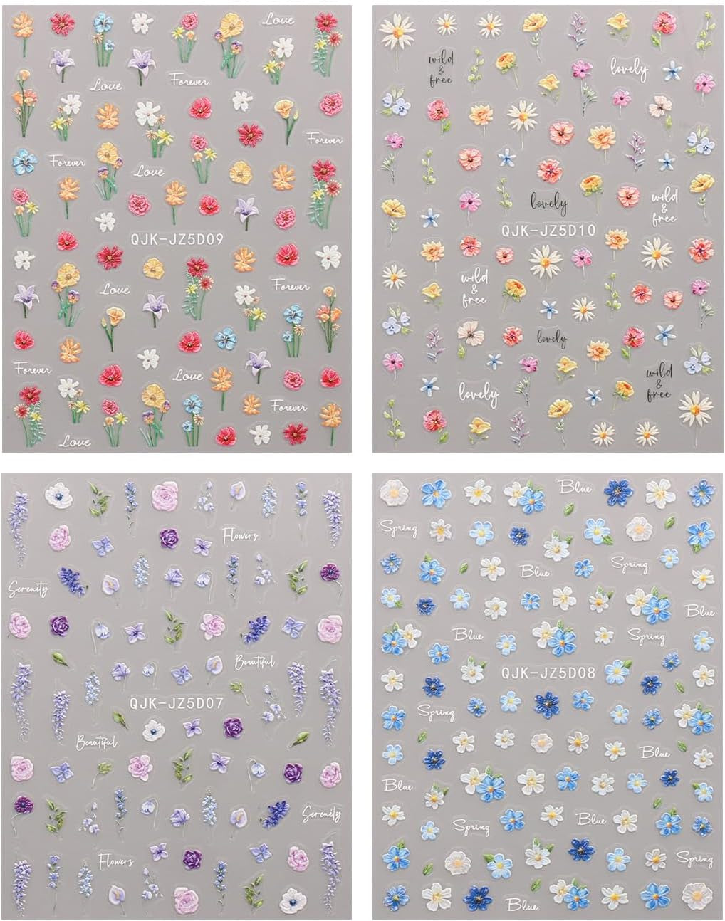 JMEOWIO 3D Nagelsticker Blumen Nail Art Sticker Selbstklebend Nagelaufkleber 5D Stereoscopico Frühling Sommer Blumen Dekoration Nageldesign Zubehör 4 Blatt