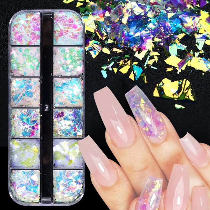 JMEOWIO Glitter per unghie 12 griglie Sirena Decorazione per unghie Accessori per unghie Design per unghie