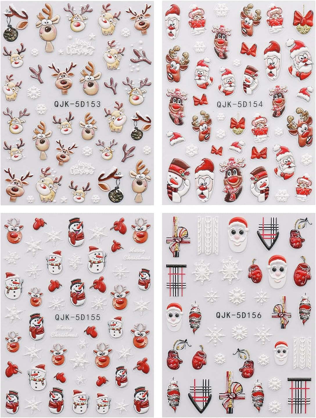 JMEOWIO 3D Nagelsticker Weihnachten Nail Art Sticker Selbstklebend Nagelaufkleber 5D Stereoscopic Schneeflocke Xmas Winterurlaub Niedlich Dekoration Nageldesign Zubehör 4 Blatt