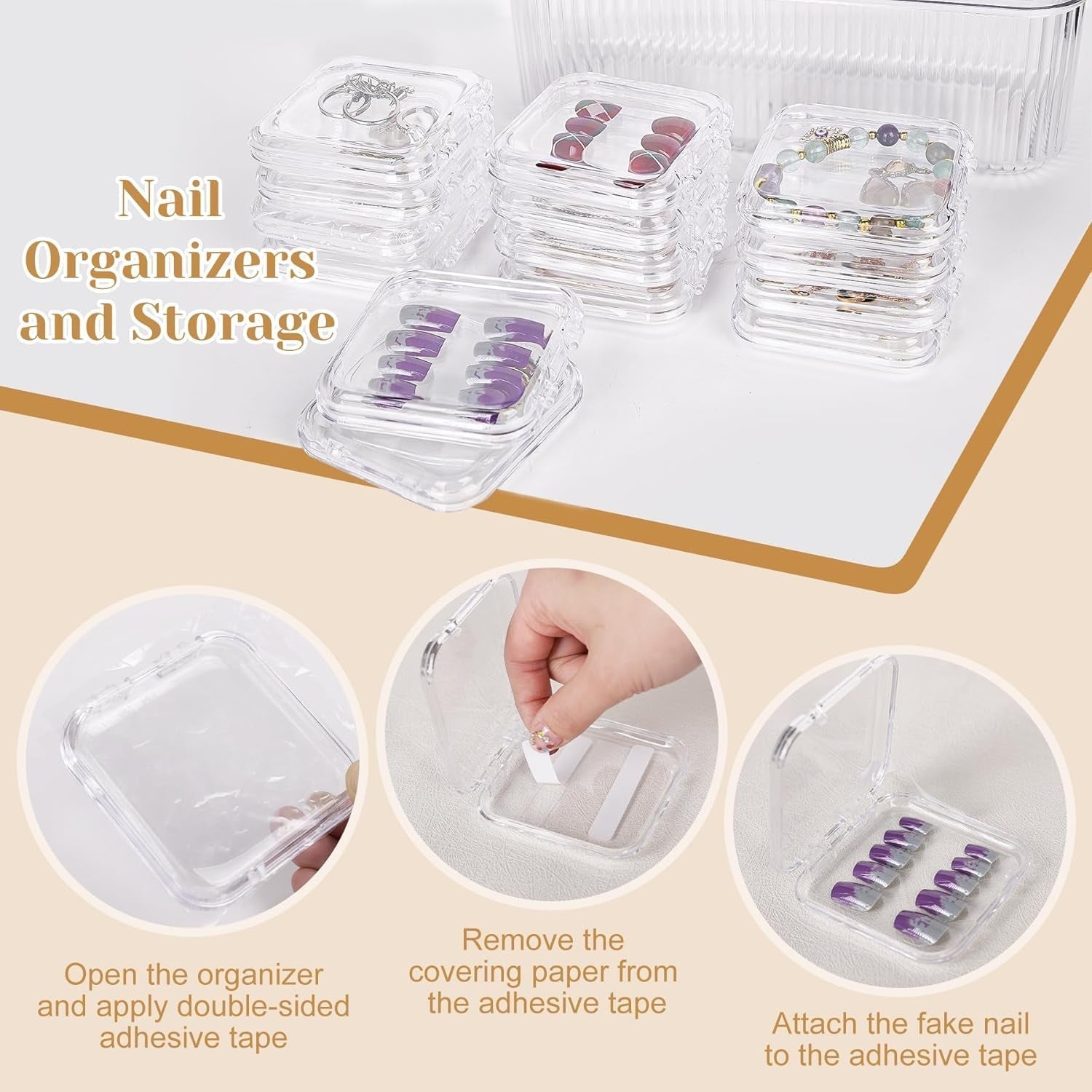 INMORVEN Set di scatole per unghie - 14 scatole trasparenti per unghie + 1 scatola grande e 60 dischi adesivi - Ideale per conservare unghie finte, accessori per unghie in gel e smalto (14 pezzi in uno strato)