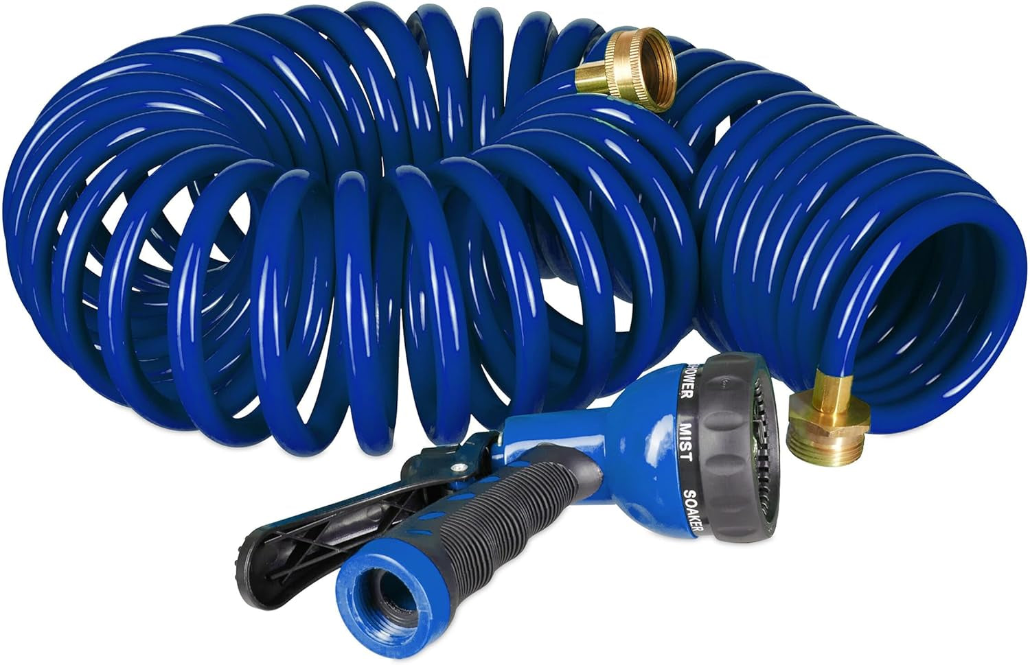 Relaxdays Tubo Flessibile da Giardino a Spirale Allungabile Fino a 10 Metri con Spruzzatore 7 Tipi di Getto Blu 25 x 52 x 15 cm