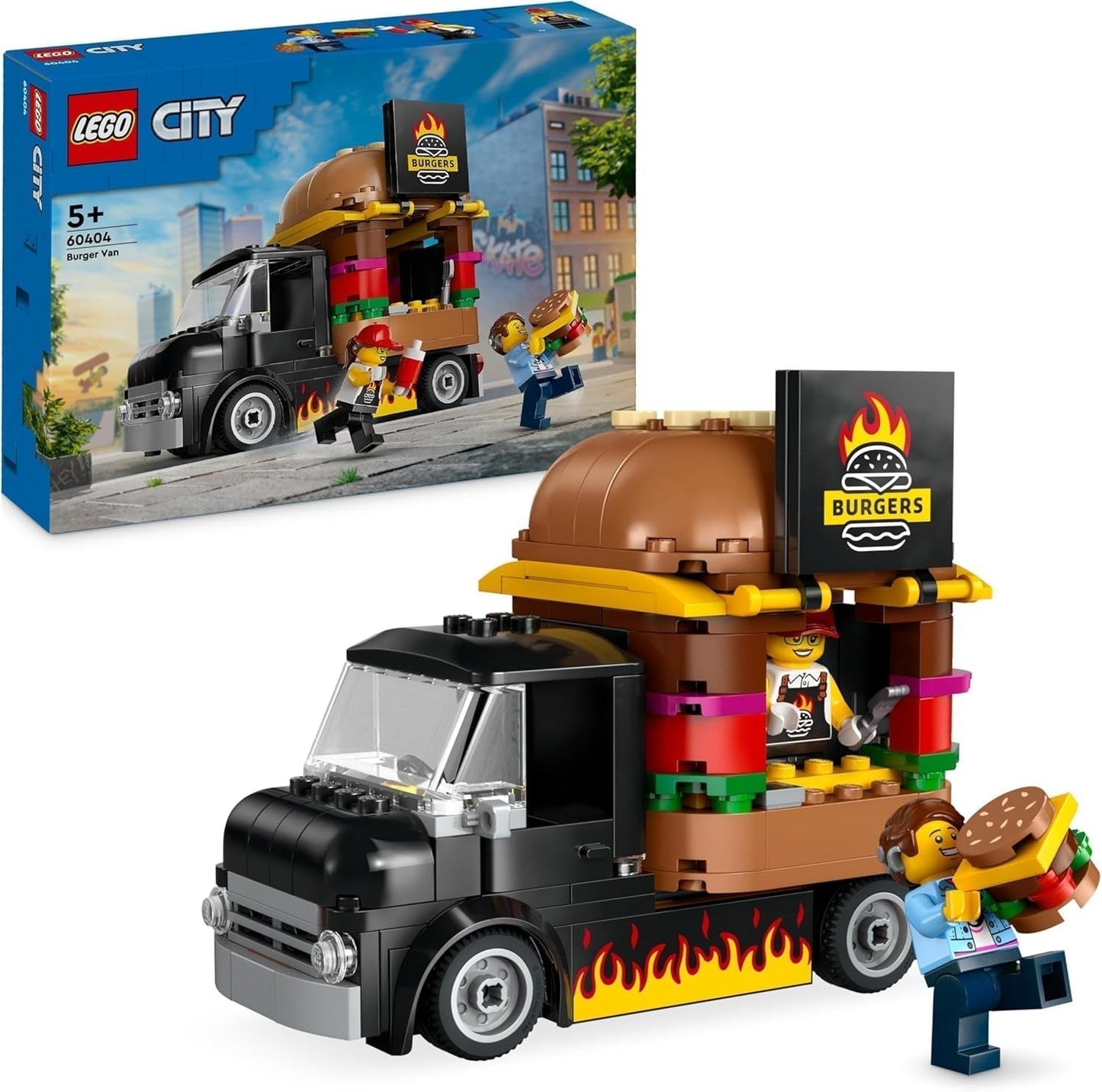 LEGO City Set da costruzione del camion degli hamburger con macchinina per bambini di 5 anni, minifigure del camion del cibo e accessori, regalo divertente per ragazzi e ragazze 60404 Set da costruzione Besuche den LEGO-Store Single