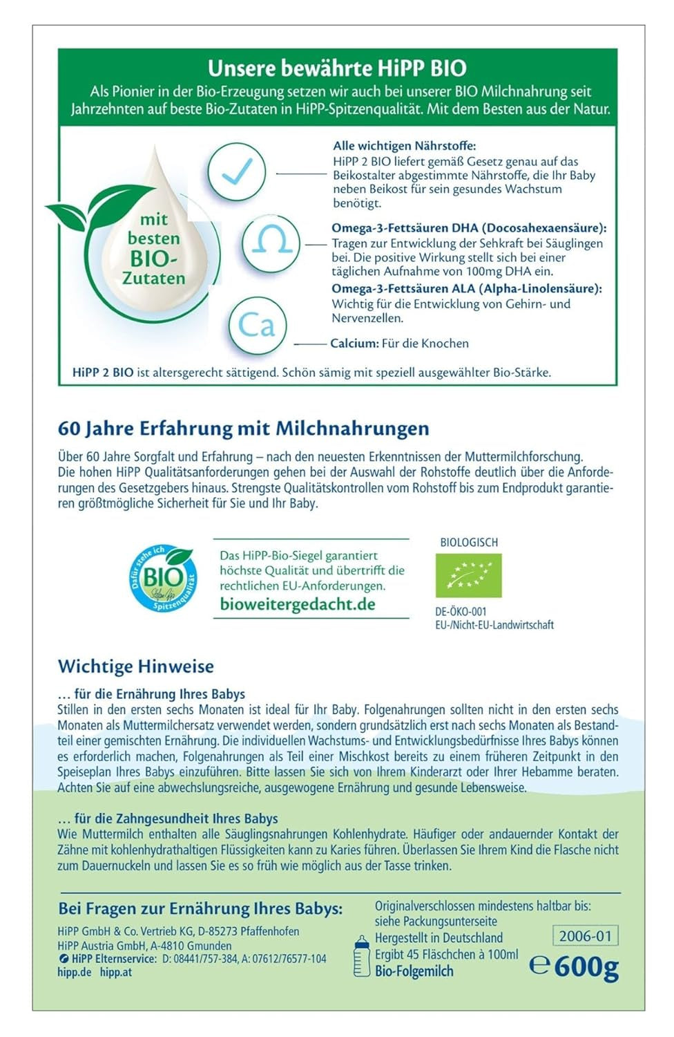 HiPP 2 Latte di proseguimento biologico (4 x 600 g), dopo 6 mesi, con Omega-3 (DHA, ALA), calcio e amido biologico di facile preparazione, della migliore qualità biologica
