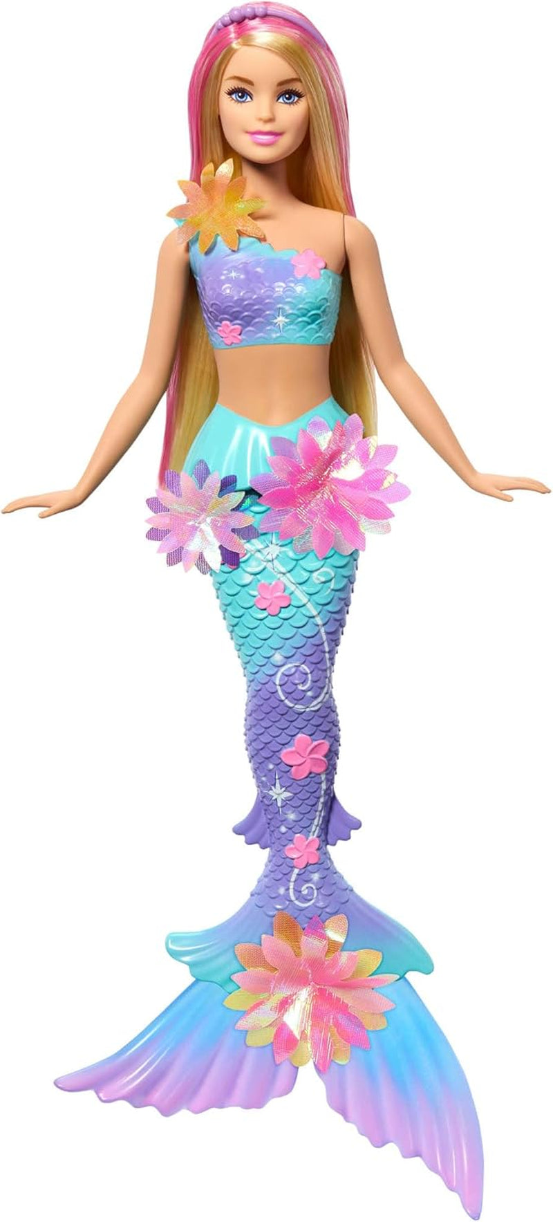 Barbie Meerjungfrauen-Spielzeug Puppe mit magischer Überraschungs Blüte, Schwanzflosse mit Farbverlauf, perlenbesetzten Haarreif und langem blonden Haar mit rosa Strehchen, JDM72