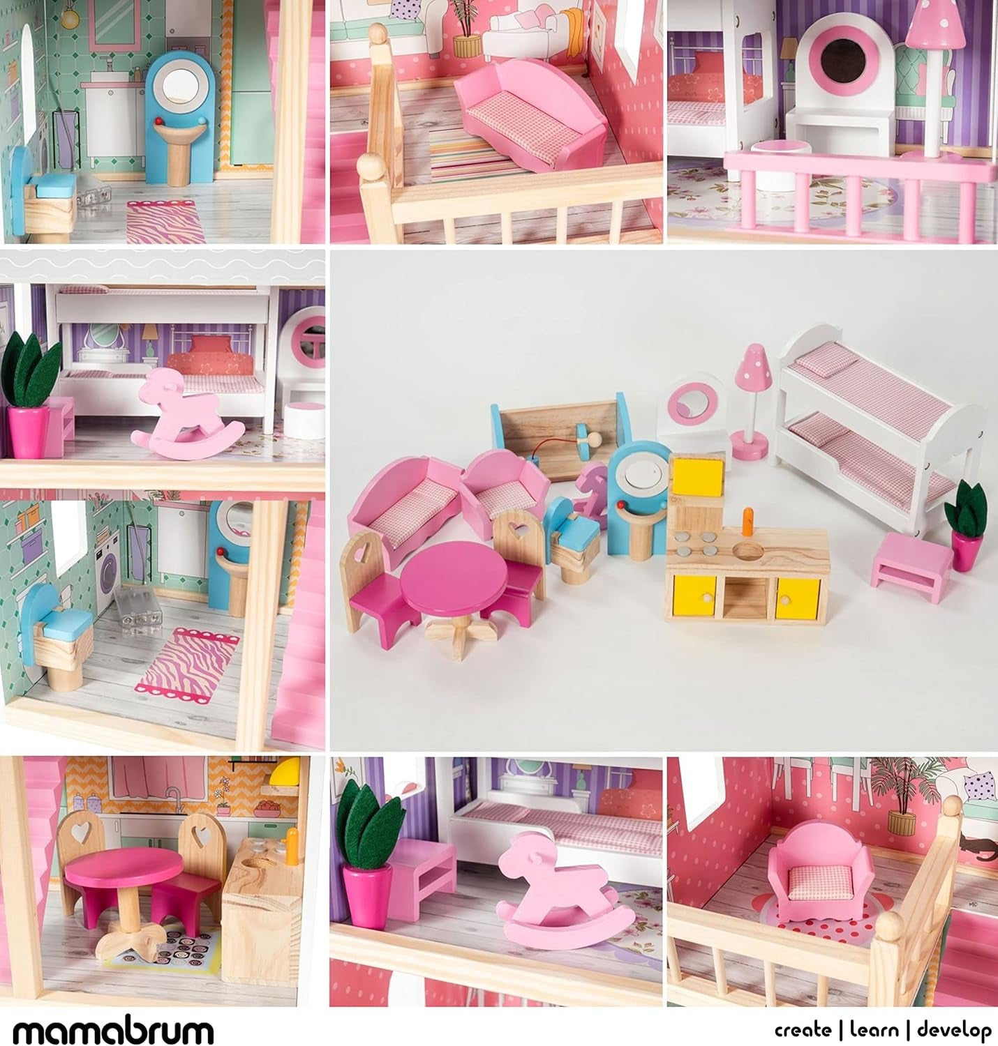 A405 Casa delle bambole illuminata a LED - Set di 3 piani e mobili - Casetta in legno con accessori: cucina, bagno, camera da letto - Regalo per ragazze dai 3 anni in su Case delle bambole Naty Shop