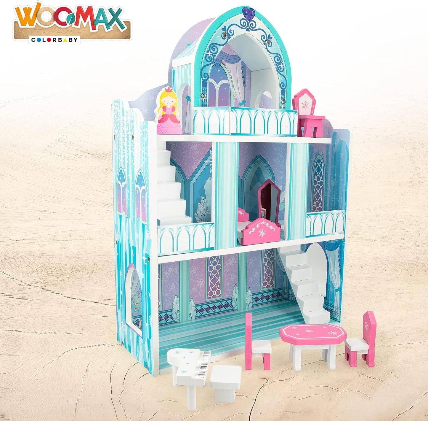 Casa delle bambole in legno, Castelli delle principesse in legno, Case delle bambole, 3 piani, Castelli delle principesse, 9 pezzi in legno, 37x15x53,5 cm, Giocattolo in legno, dai 3 anni in su