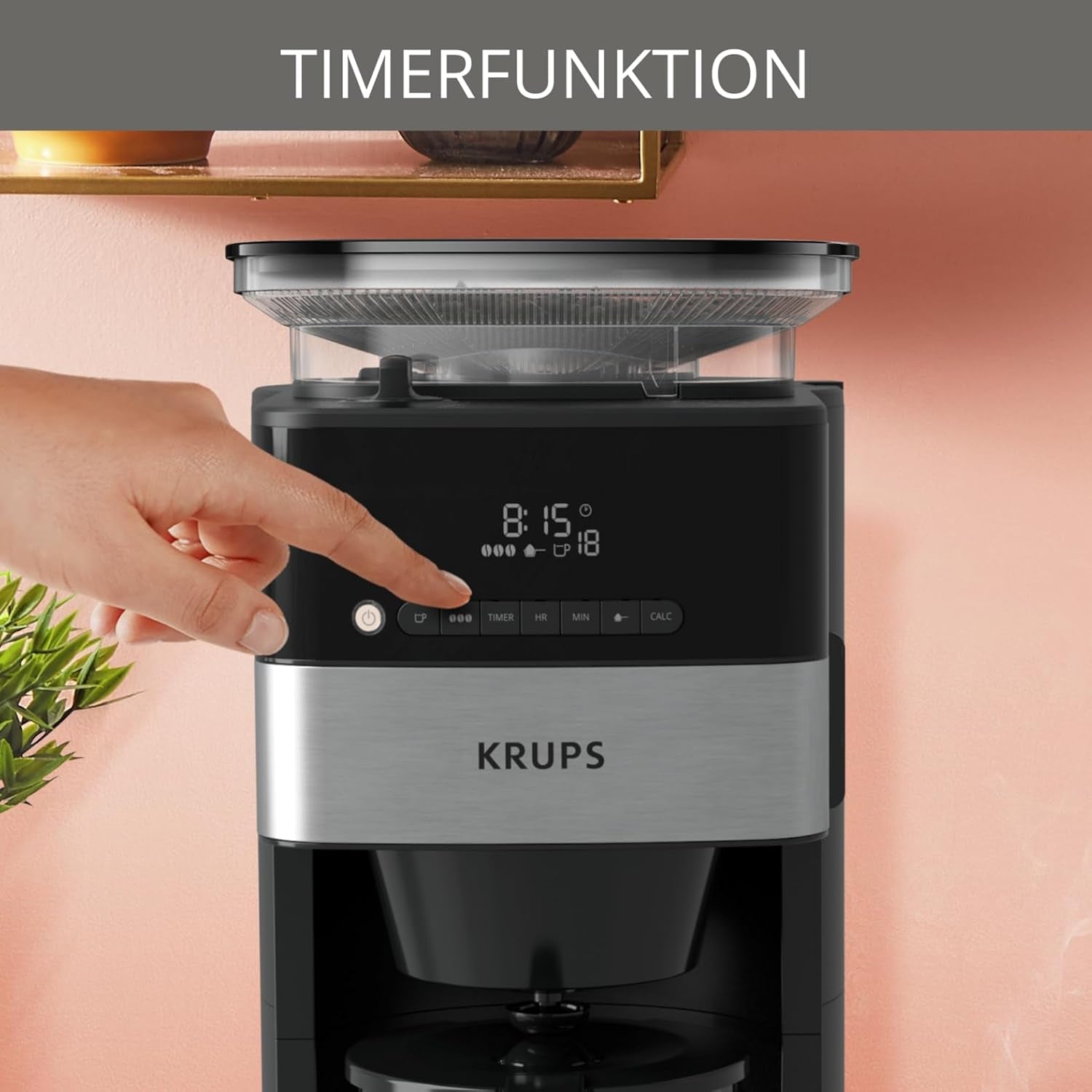 Macchina per caffè espresso Krups KM8328 Macina con macinino | timer 24 ore | Contenitore per cereali 180 g | Capacità 1,25 l per un massimo di 15 tazze di caffè | Funzione di spegnimento automatico | 3 impostazioni di macinatura | Nero