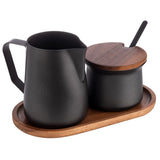 Set latte e zucchero APS 634, set 5 pezzi, legno di acacia, acciaio inossidabile, rivestimento antiaderente, nero