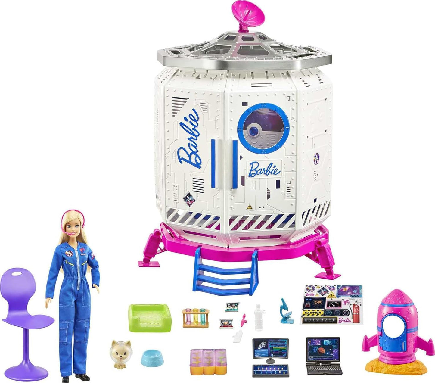 Barbie GXF27 - Stazione Spaziale Avventura spaziale, bambola spaziale, cucciolo, postazione di lavoro, scene spaziali, 20 accessori, giocattolo regalo per bambini dai 3 anni in su