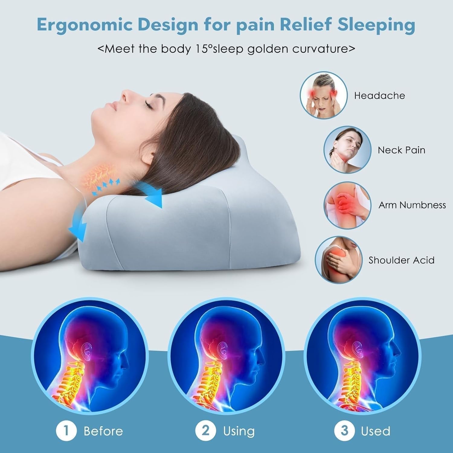 Royalisneeo Cuscino di bellezza per dolori alla schiena, allo stomaco e ai fianchi Cuscino per dolori al collo e alle spalle Cuscino in memory foam antirughe e antietà Blu (Standard) Cuscini ortopedici cervicali Naty Shop