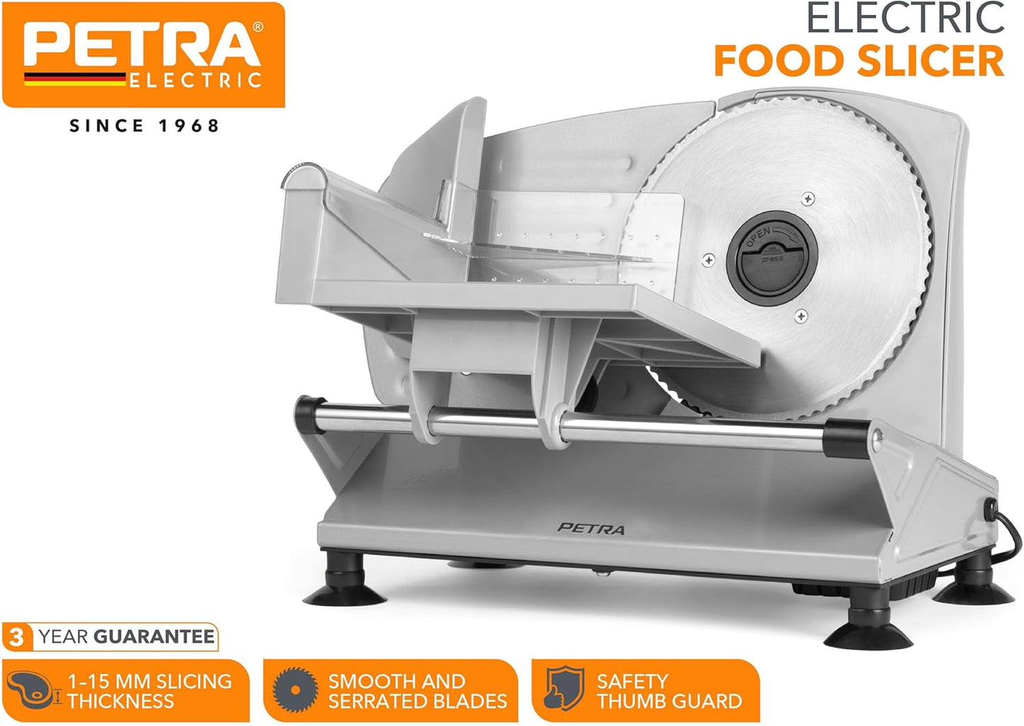 Petra PT4636VDE Affettatrice elettrica multifunzione, spessore di taglio 1-15Mm, 3 lame lisce in acciaio inox Trituratori e Affettatrici Naty Shop
