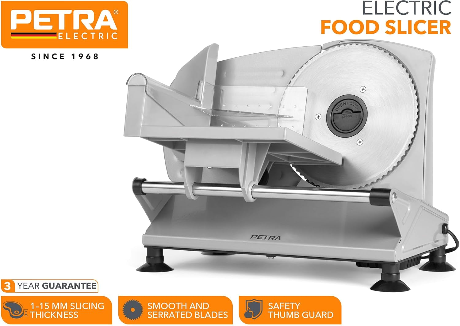 Petra PT4636VDE Affettatrice elettrica multifunzione, spessore di taglio 1-15Mm, 3 lame lisce in acciaio inox Trituratori e Affettatrici Naty Shop