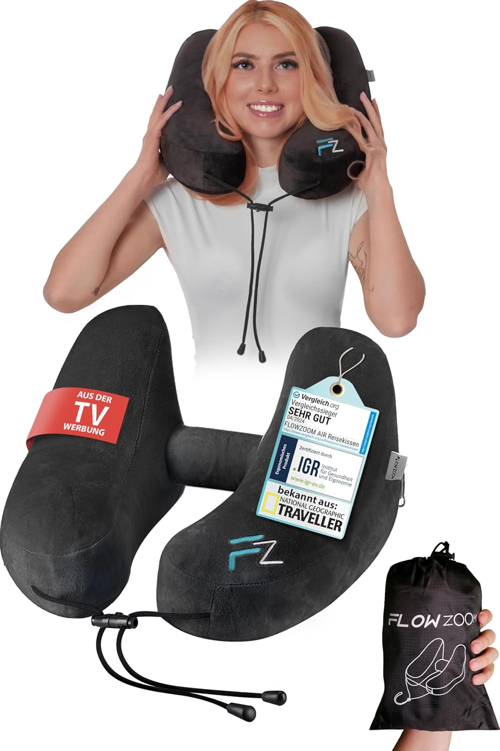 FLOWZOOM AIR Cuscino per collo gonfiabile con cappuccio - Cuscino per collo da aereo - Cuscino da viaggio - Cuscino da viaggio gonfiabile rapido - Cuscino da aereo - Cuscino da viaggio - Cuscino per collo per adulti (Grigio) Naty Shop Cuscini ortopedici cervicali 4) Nero - Taglia M