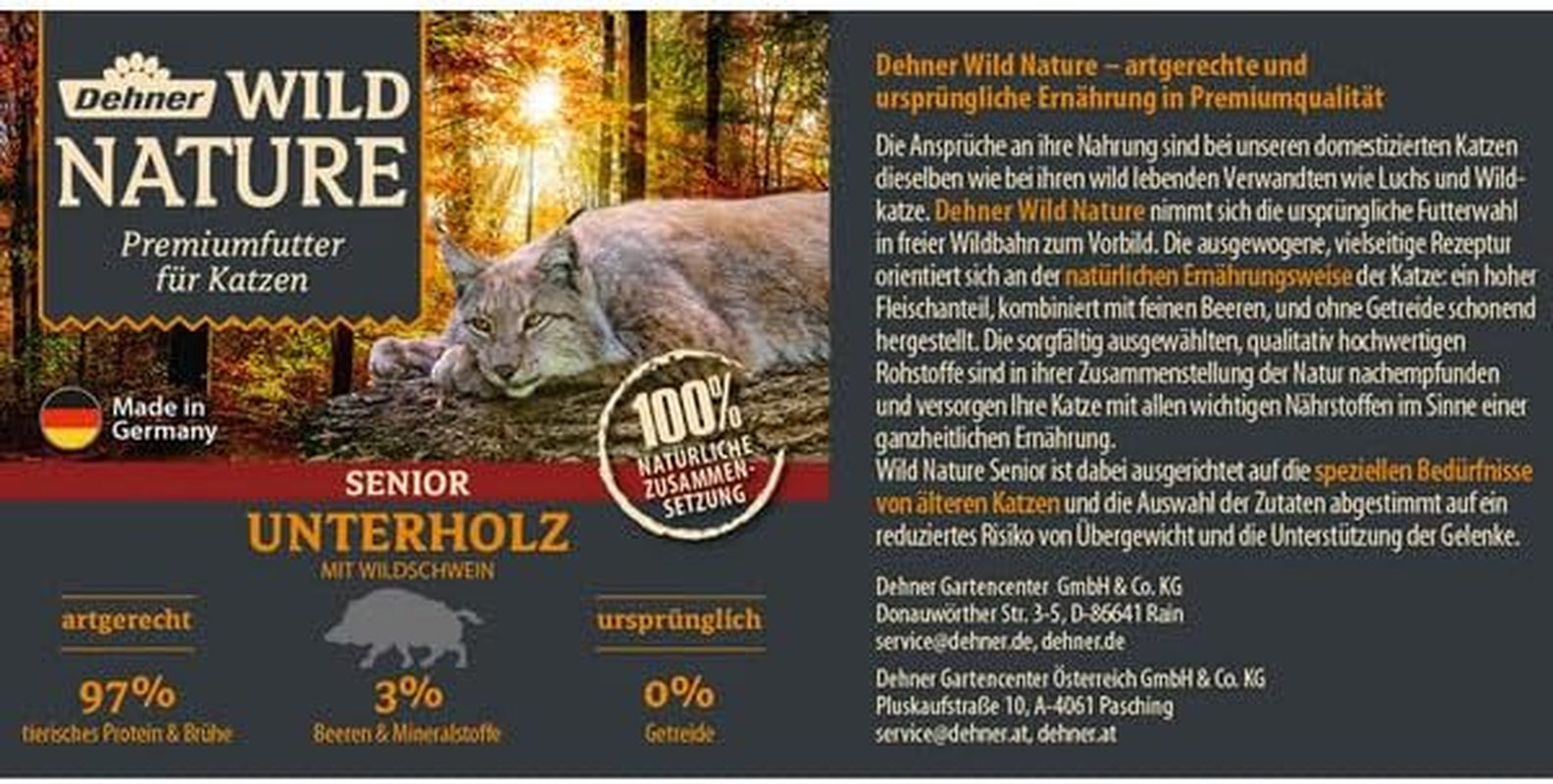Dehner Wild Nature Katzenfutter Unterholz, Nassfutter getreidefrei / zuckerfrei, für ältere Katzen, Wildschwein, 6 dosi da 400 g, (2,4 kg)