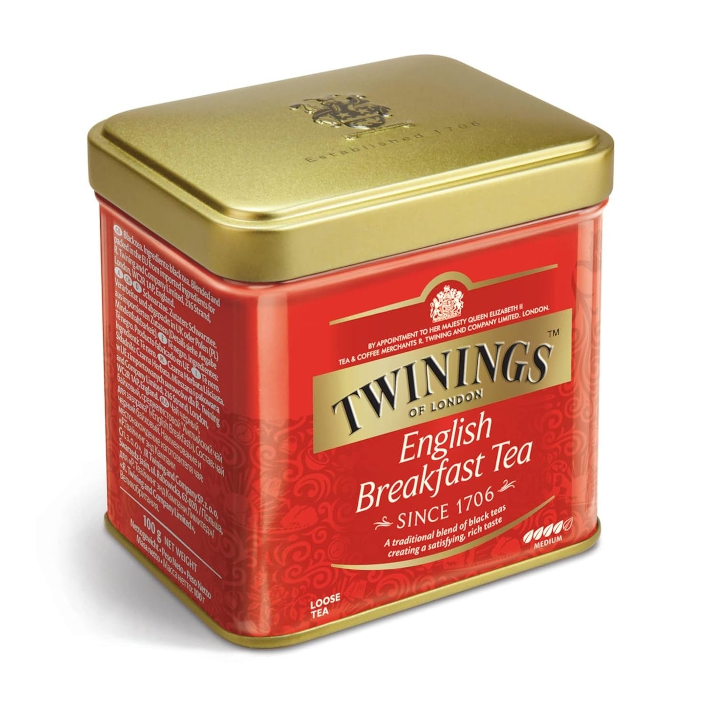 Twinings English Breakfast Tea Tè nero sfuso in scatola da tè Tè nero forte da foglie di tè di alta qualità raccolte dalle migliori piantagioni di tè in Sri Lanka e India G, neutro, 100 grammi