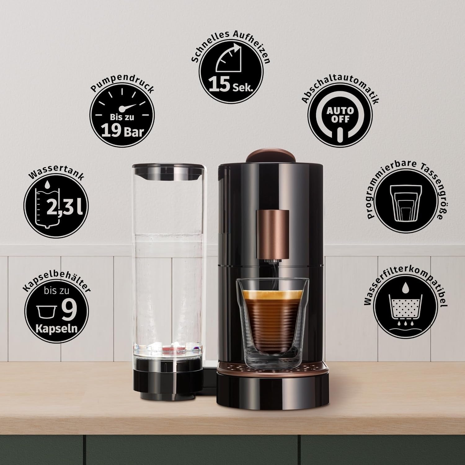 Macchina espresso a capsule K-FEE TWINS II per caffè, tè e cacao | Macchina per caffè espresso per tazze grandi | Riscaldamento rapido | Serbatoio dell'acqua da 2,3 l | 19 battute | Nero-rame