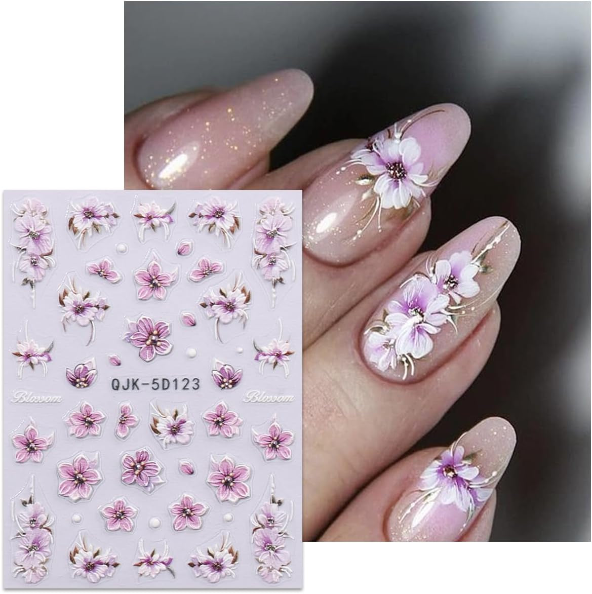 JMEOWIO 3D Nagelsticker Blumen Nail Art Sticker Selbstklebend Nagelaufkleber 5D Stereoscopico Frühling Sommer Dekoration Nageldesign Zubehör 4 Blatt