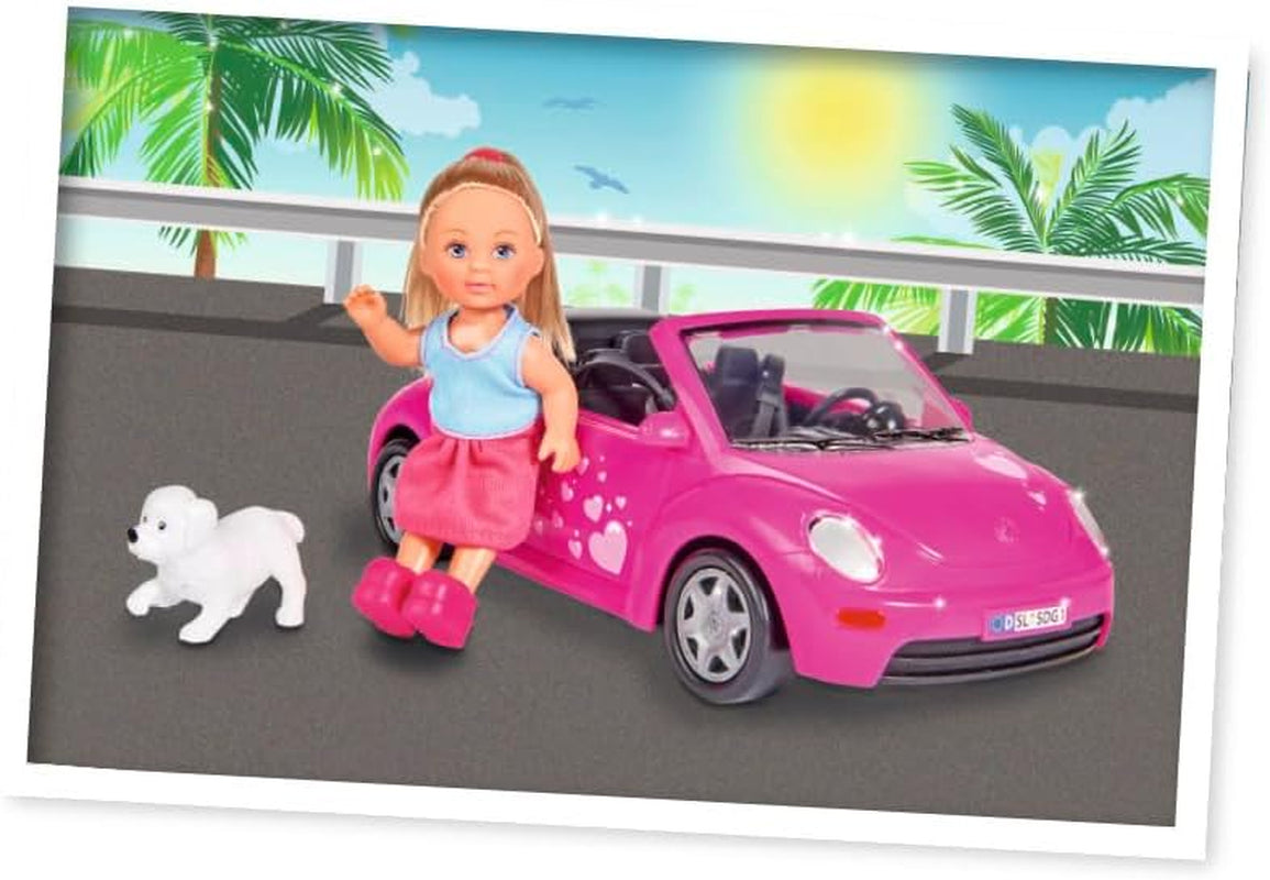 Simba 105731539 - Evi Love Beetle Evi's, Evi con macchina, macchina: 22 cm, con cane, bambola fashion, 12 cm, per bambini dai 3 anni in su